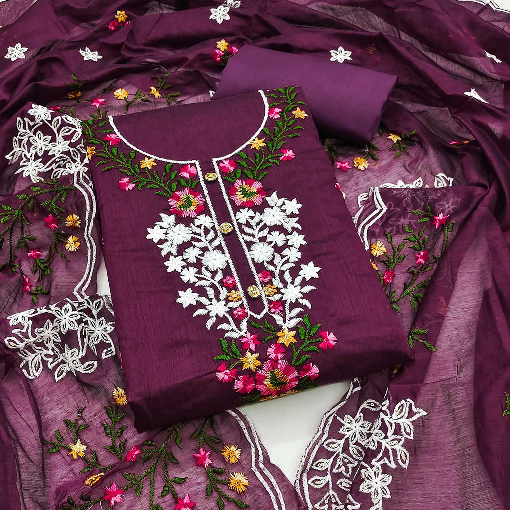 A Timeless Beauty Wine Floral Sequins Embroidered Chanderi Dress Mater