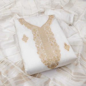 Timeless Offwhite Banarasi Jacquard Dress Material Adorned With Ornate Zari Floral Weaves