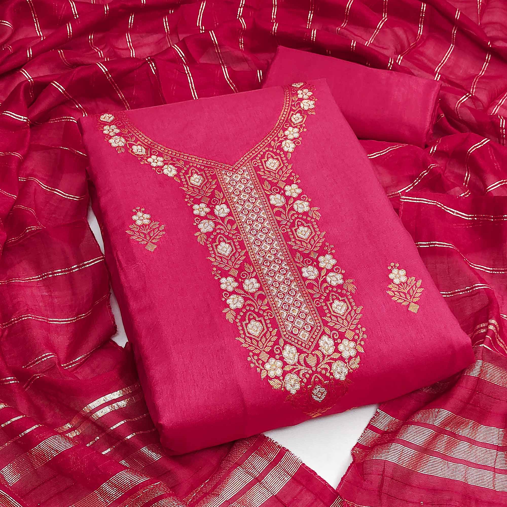 Refreshing Rani Pink Banarasi Jacquard Dress Material Adorned With Ornate Zari Floral Weaves