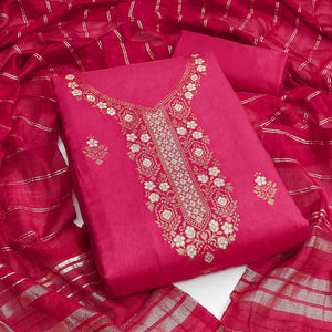 Refreshing Rani Pink Banarasi Jacquard Dress Material Adorned With Ornate Zari Floral Weaves