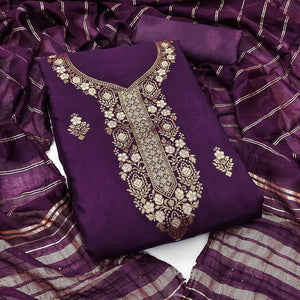 Elegant Royal Wine Banarasi Jacquard Dress Material Adorned With Ornate Zari Floral Weaves