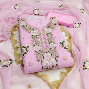 Pink Georgette Dress Material With Exquisite Floral Embroidery & Shimmering Stonework