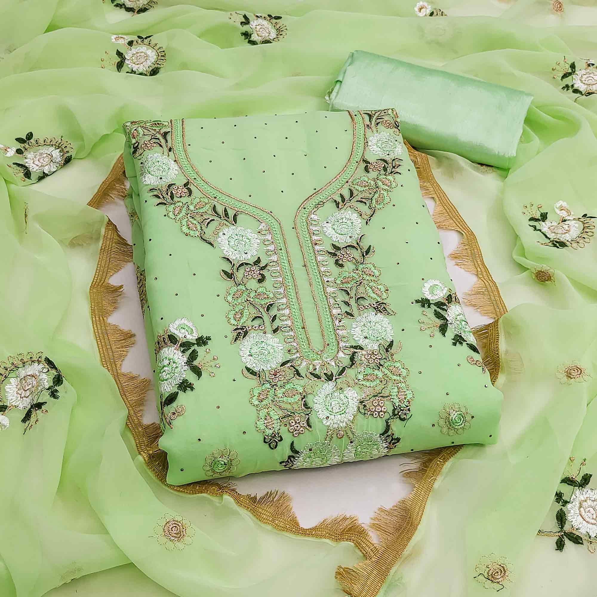 Pista Green Georgette Dress Material With Exquisite Floral Embroidery & Shimmering Stonework