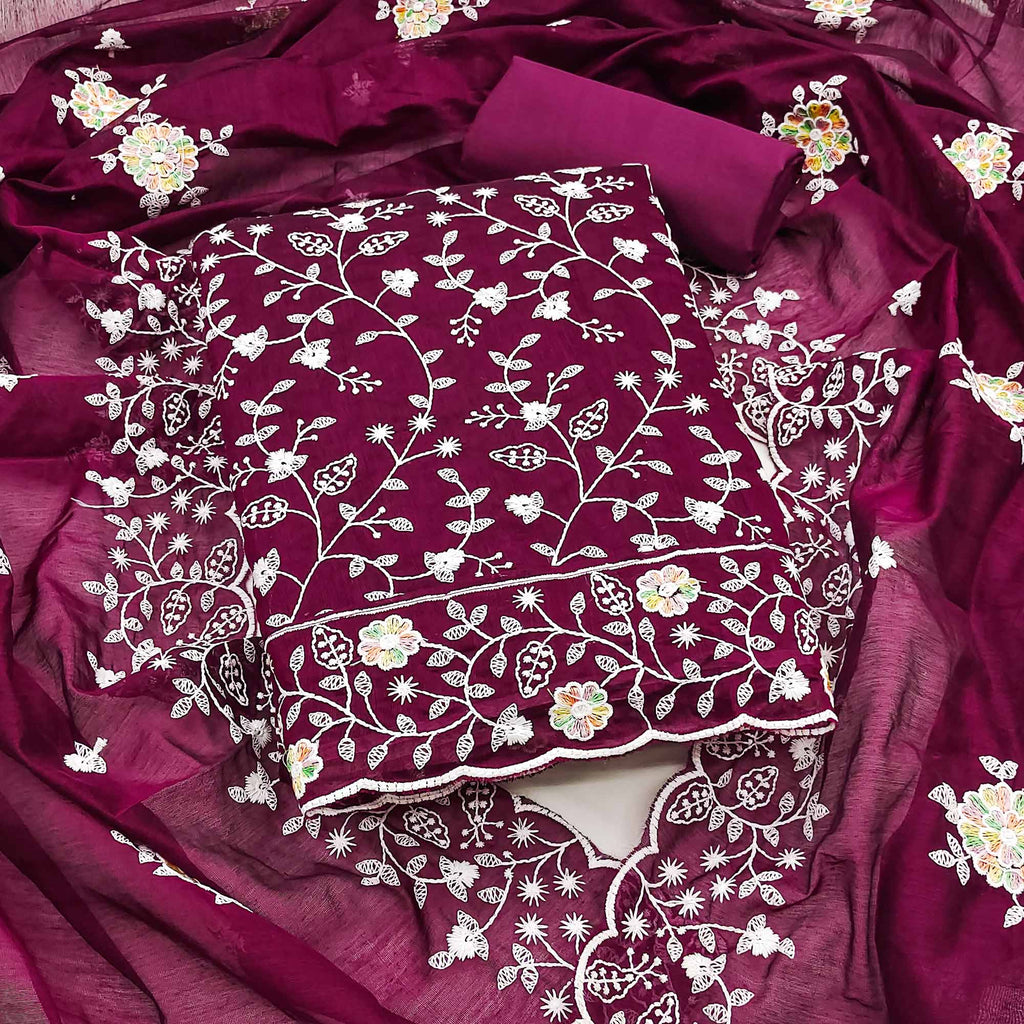 Opulent Wine Chanderi Silk Dress Material With Artistic Floral Thread