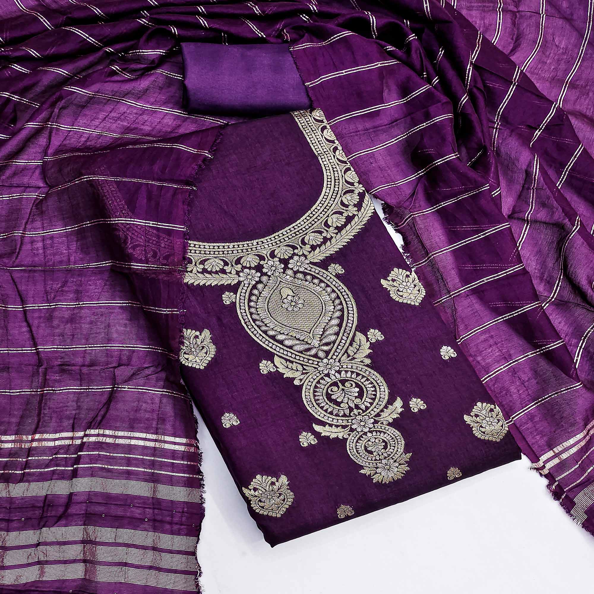 Purple Banarasi Silk Dress Material With Classic Zari Design