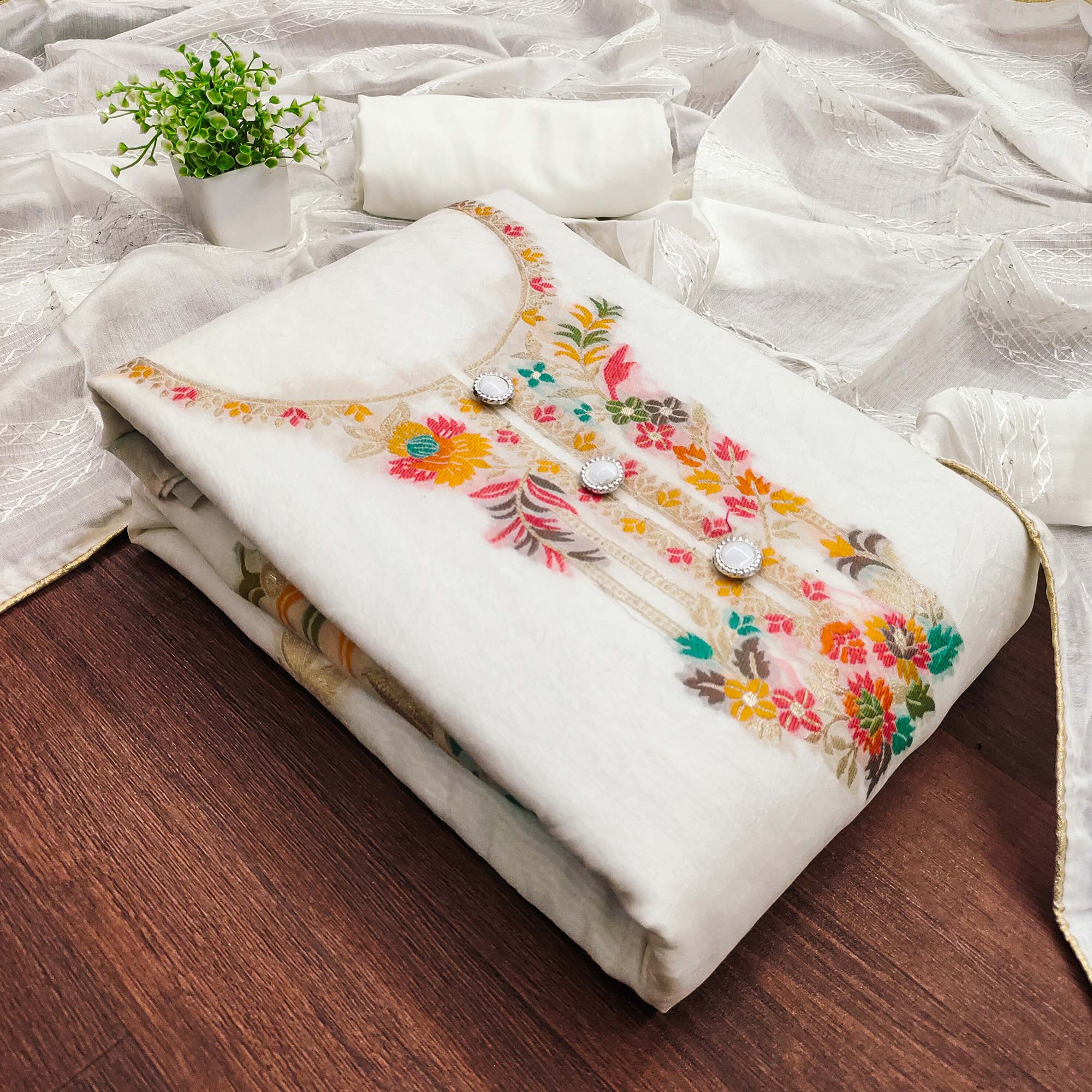 White Banarasi Silk Dress Material With Classic Zari Design