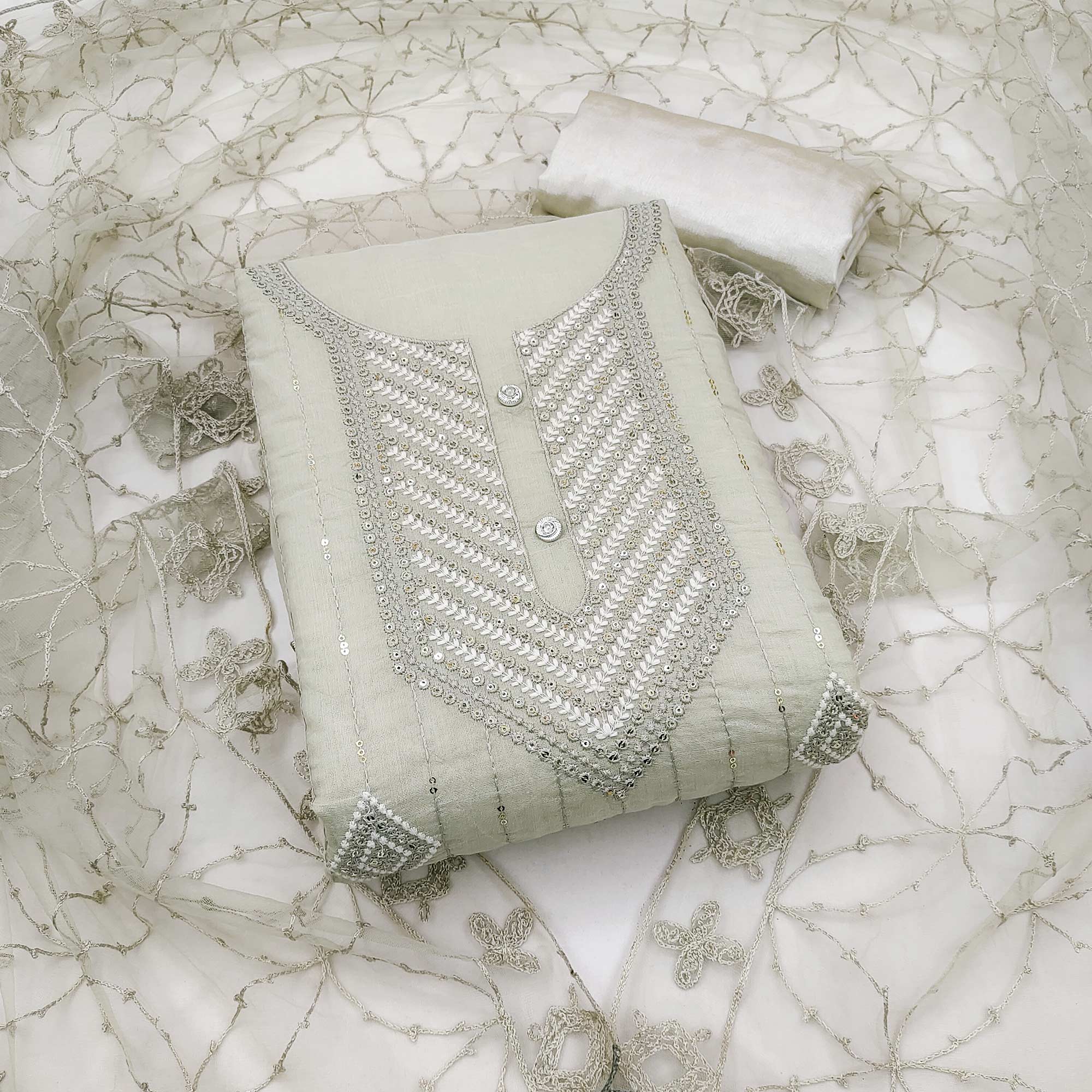 Shimmering Grey Sequins Embroidered Chander Cotton Suit Material