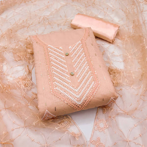 Shimmering Peach Sequins Embroidered Chander Cotton Suit Material