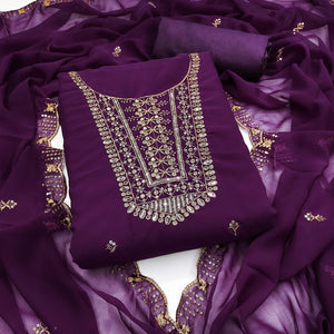 Wine Georgette Dress Material Featuring Floral Sequins Embroidery