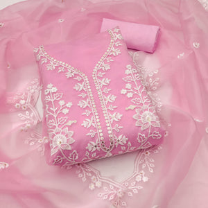Baby Pink Floral Embroidered Work Dress Material With Shimmering Sequin Detailing