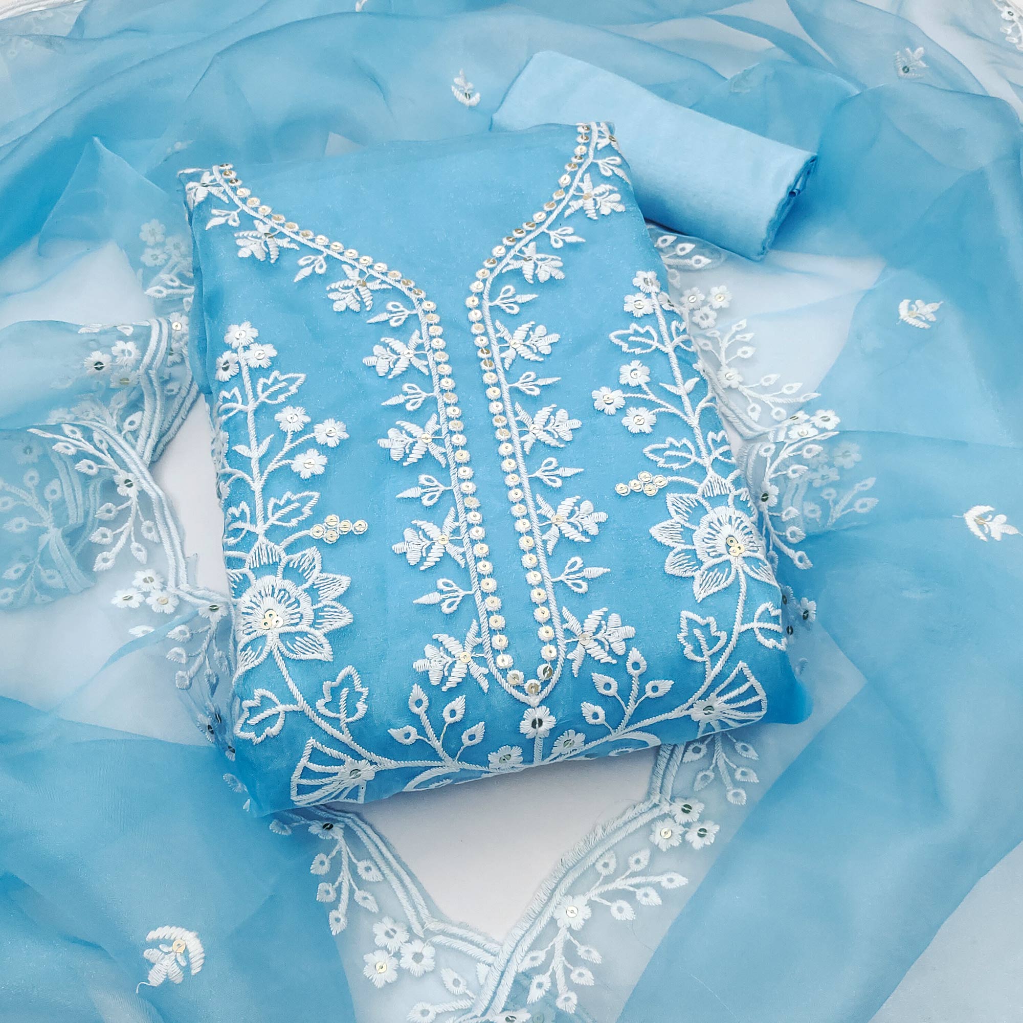 Blue Floral Embroidered Work Dress Material With Shimmering Sequin Detailing