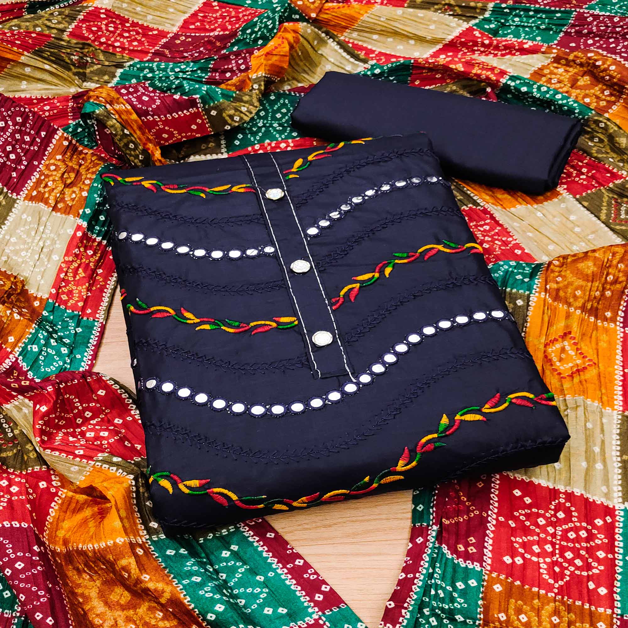 Navy Blue Cotton Blend Dress Material With Intricate Thread Embroidery & Paper Mirror Work