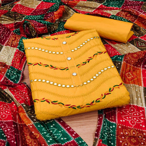 Yellow Cotton Blend Dress Material With Intricate Thread Embroidery & Paper Mirror Work