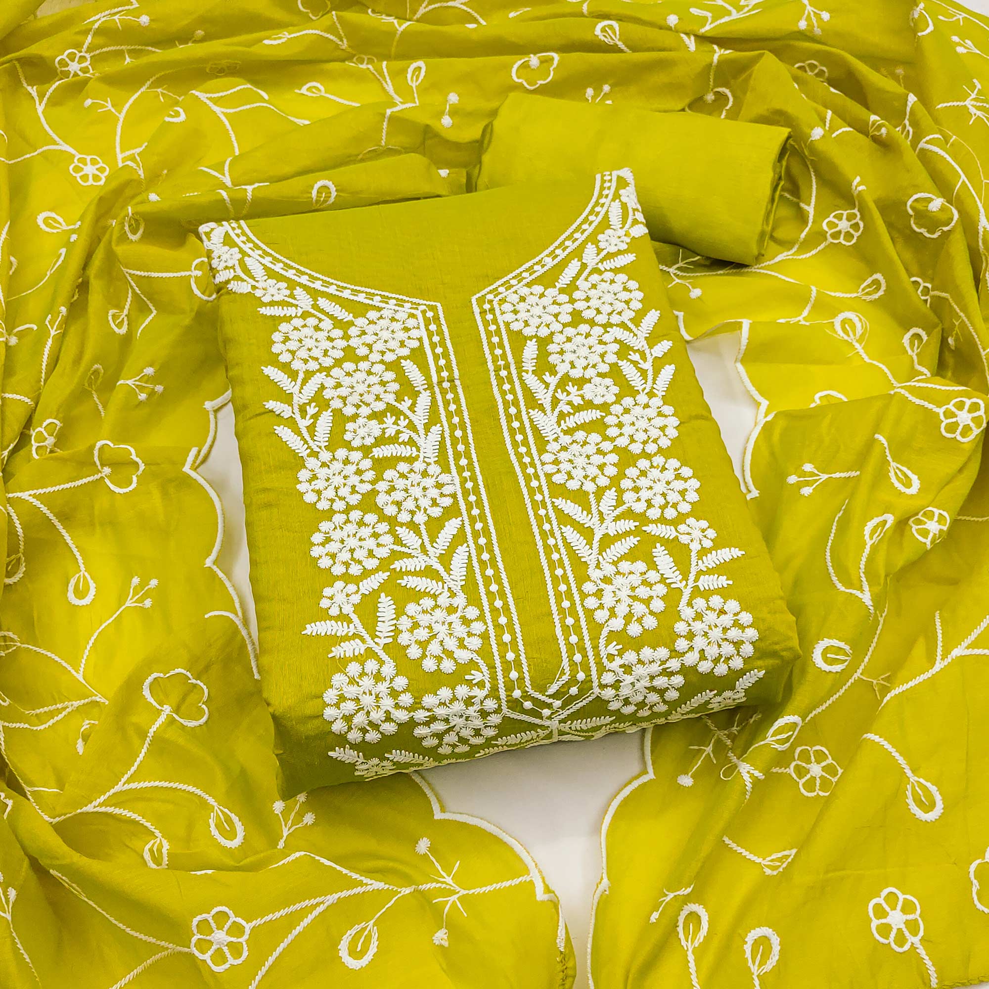 Green Chanderi Silk Dress Material With Exquisite Floral Thread Embroidery
