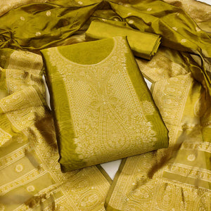 Green Zari Floral Jacquard Weaving on Shimmer Silk Dress Material