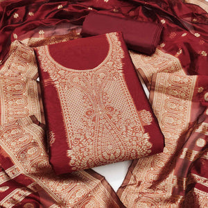 Maroon Zari Floral Jacquard Weaving on Shimmer Silk Dress Material