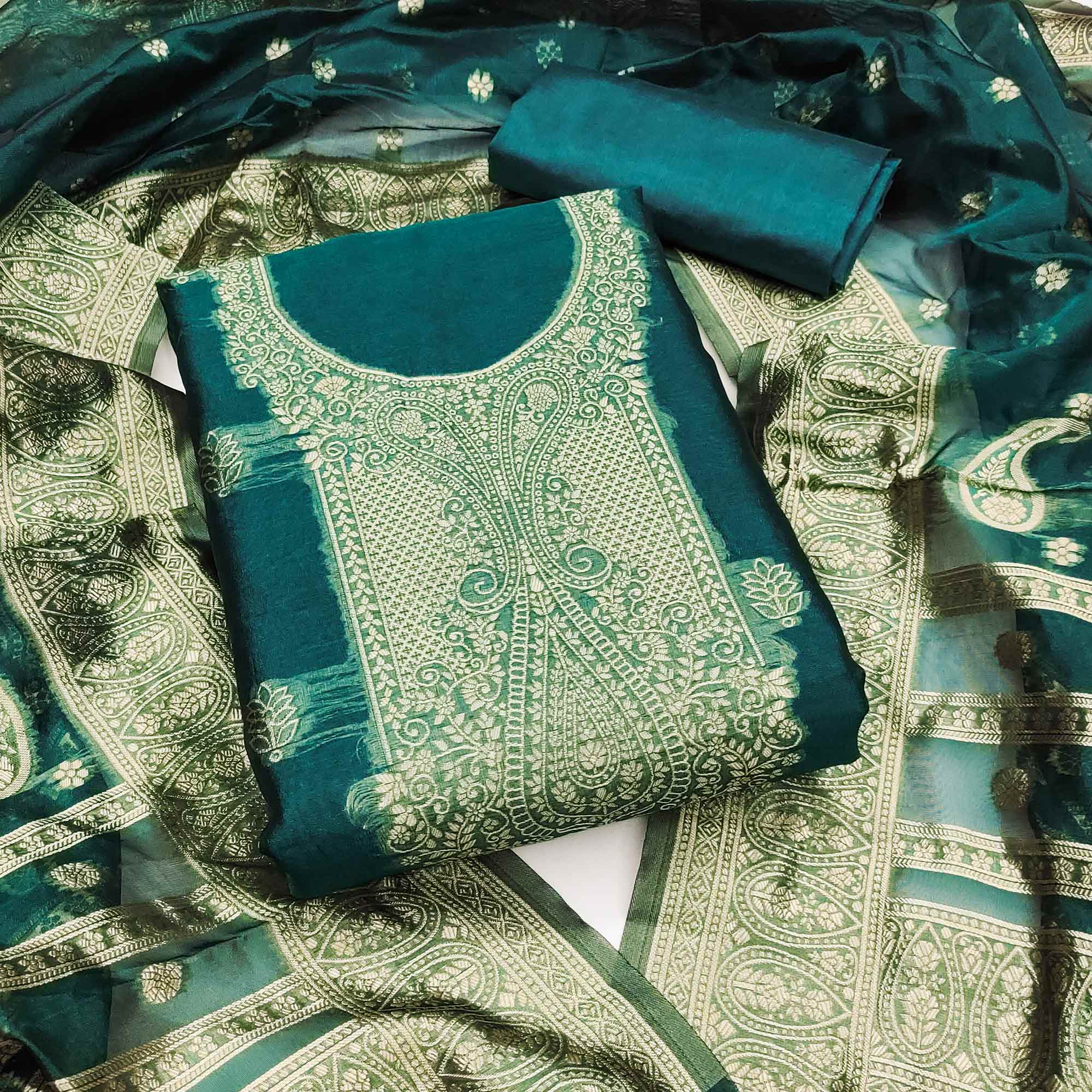Teal Zari Floral Jacquard Weaving on Shimmer Silk Dress Material