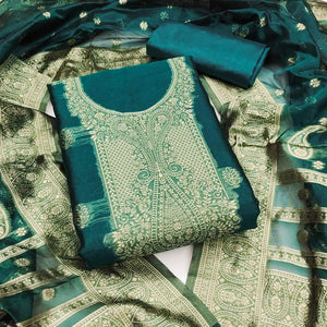 Teal Zari Floral Jacquard Weaving on Shimmer Silk Dress Material