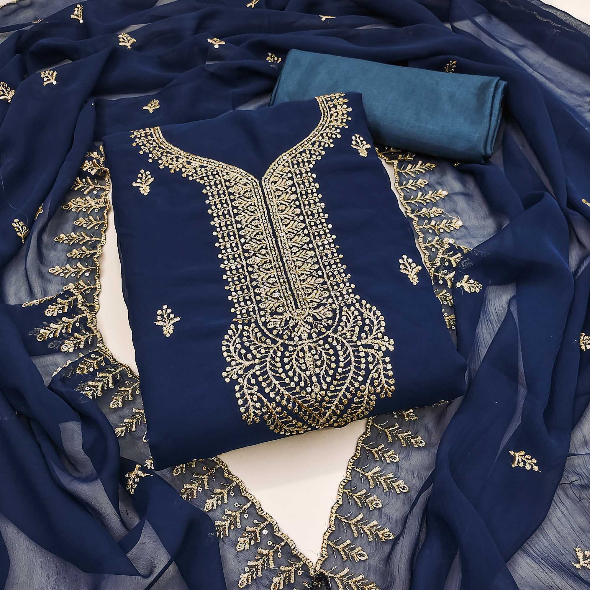 Blue Georgette Dress Material Adorned With Floral Zari & Sequin Embroidery