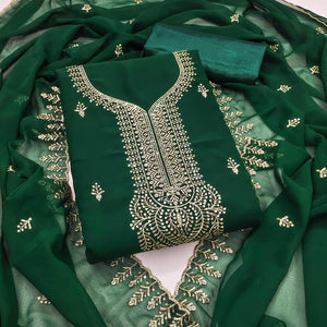 Green Georgette Dress Material Adorned With Floral Zari & Sequin Embroidery
