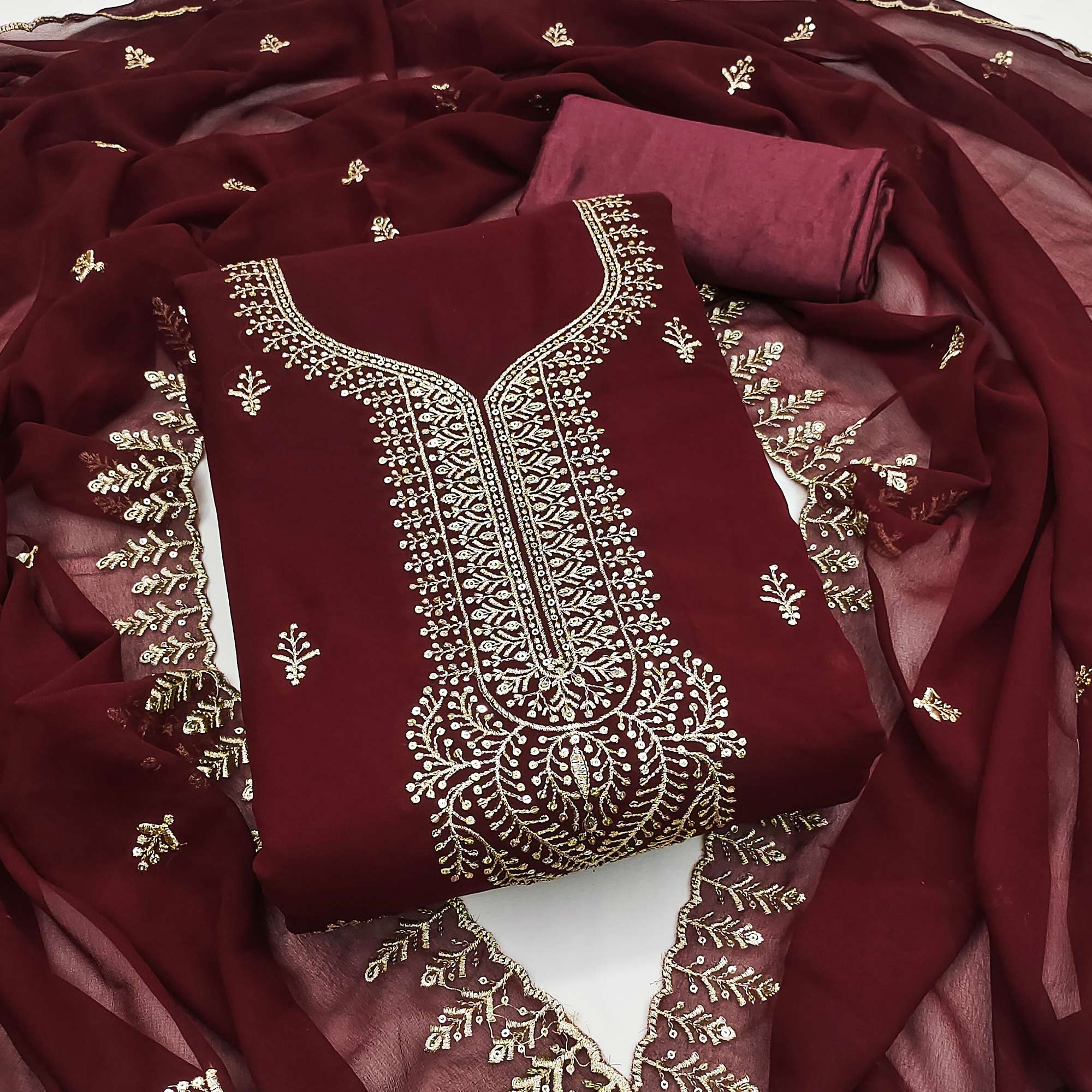 Maroon Georgette Dress Material Adorned With Floral Zari & Sequin Embroidery