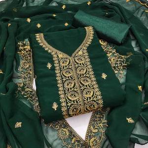 Green Georgette Dress Material With Intricate Floral Zari Embroidery