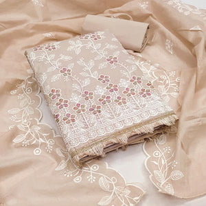 Warm Beige Cotton Blend Dress Material With Delicate Floral Thread Embroidery
