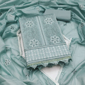 Grey Cotton Blend Dress Material With Intricate Floral Thread Embroidery Work