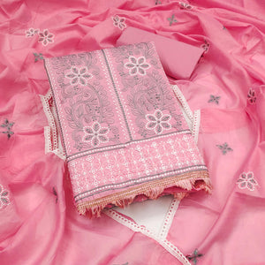 Pink Cotton Blend Dress Material With Intricate Floral Thread Embroidery Work