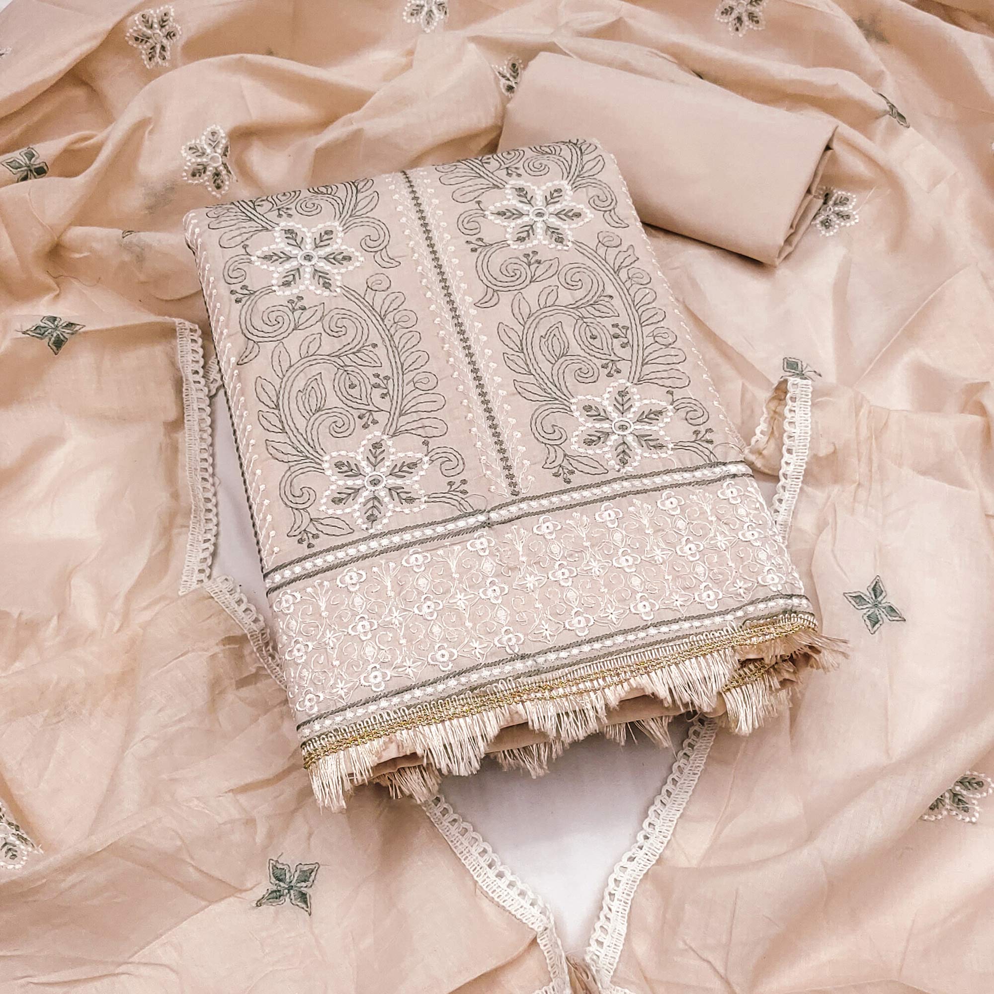 Warm Beige Cotton Blend Dress Material With Intricate Floral Thread Embroidery Work