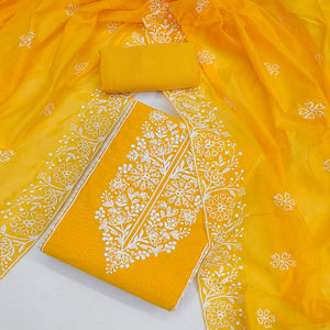 Mustard Floral Embroidered Chanderi Silk Dress Material For Graceful Styling