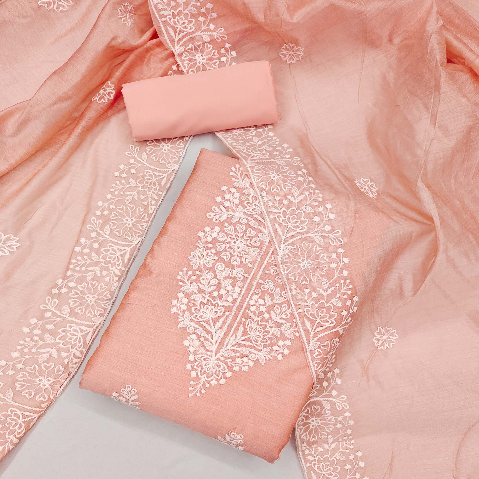 Peach Floral Embroidered Chanderi Silk Dress Material For Graceful Styling