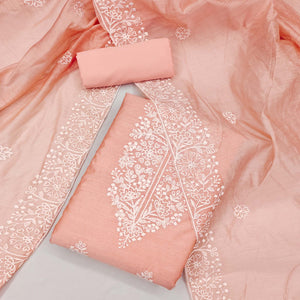 Peach Floral Embroidered Chanderi Silk Dress Material For Graceful Styling