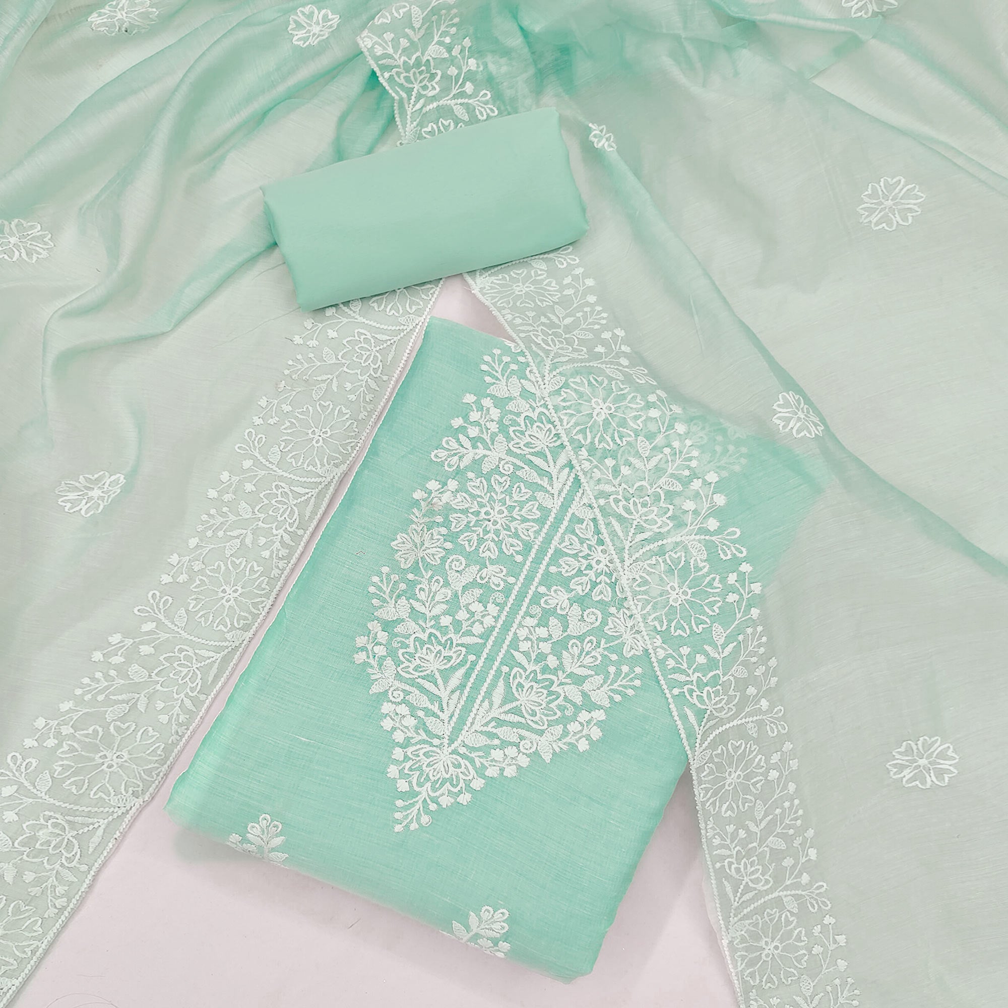 Turquoise Floral Embroidered Chanderi Silk Dress Material For Graceful Styling