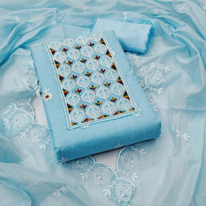 Sky Blue Chanderi Cotton Suit Material with Graceful Embroidery