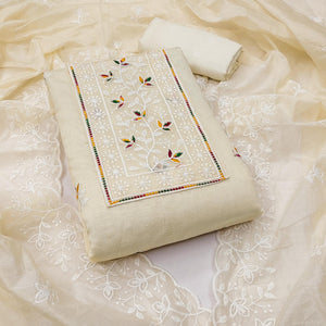 Off White Embroidered Floral Chanderi Cotton Material for Elegant Dressing