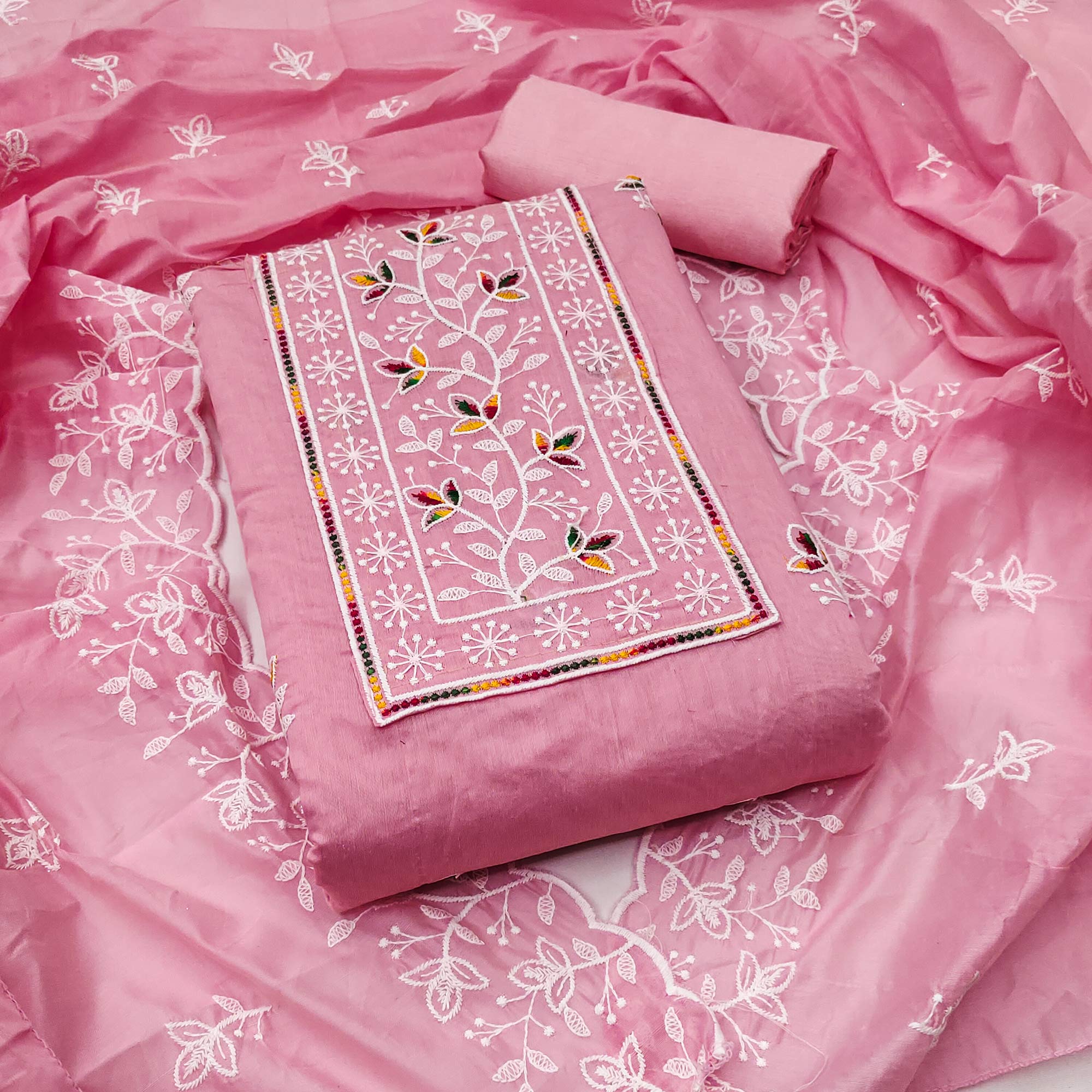 Pink Embroidered Floral Chanderi Cotton Material for Elegant Dressing