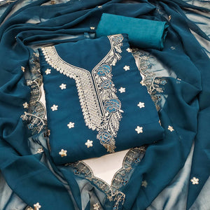 Blue Dress Material Featuring Delicate Floral Thread & Zari Embroidery Work On Georgette