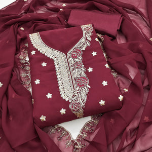 Maroon Dress Material Featuring Delicate Floral Thread & Zari Embroidery Work On Georgette