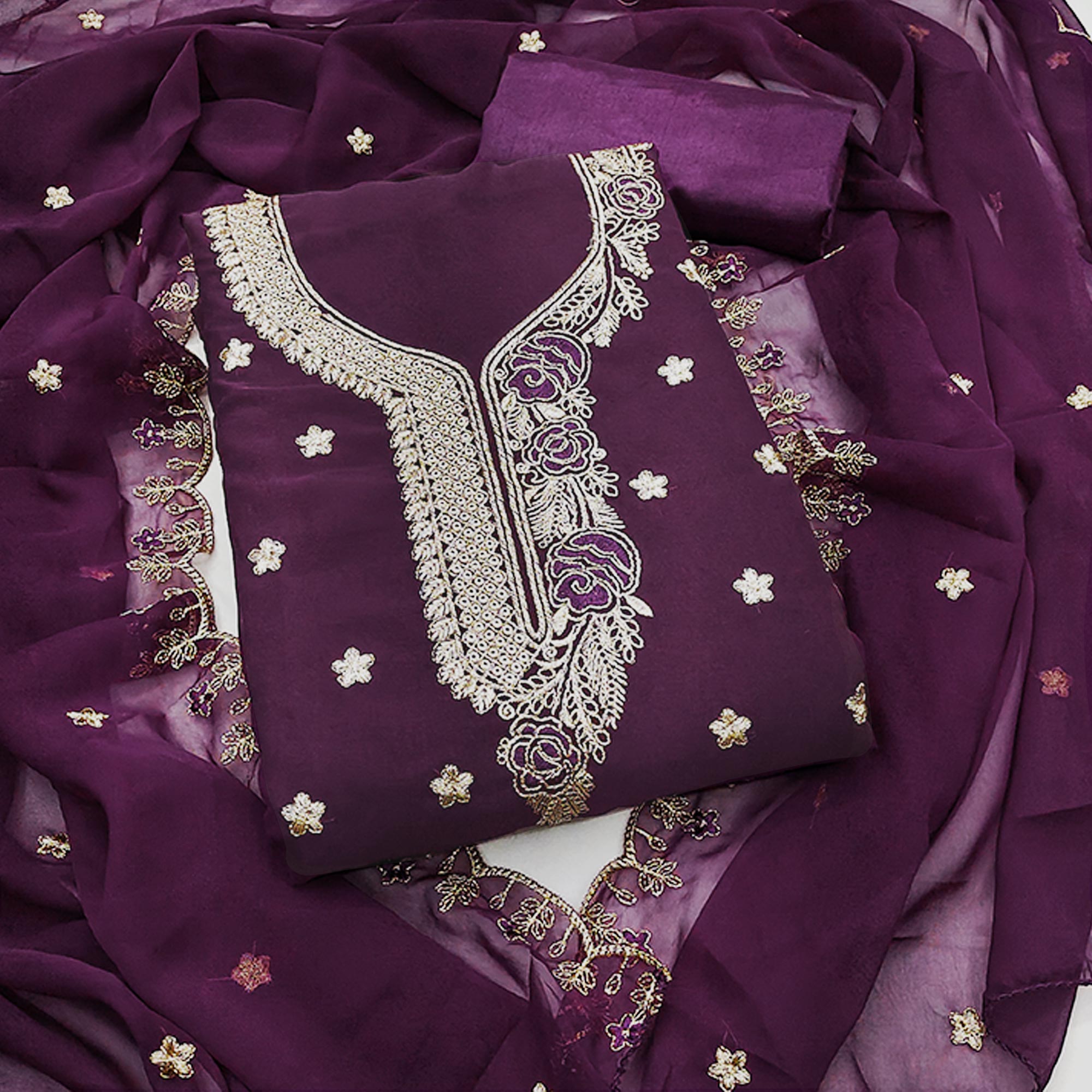 Wine Dress Material Featuring Delicate Floral Thread & Zari Embroidery Work On Georgette