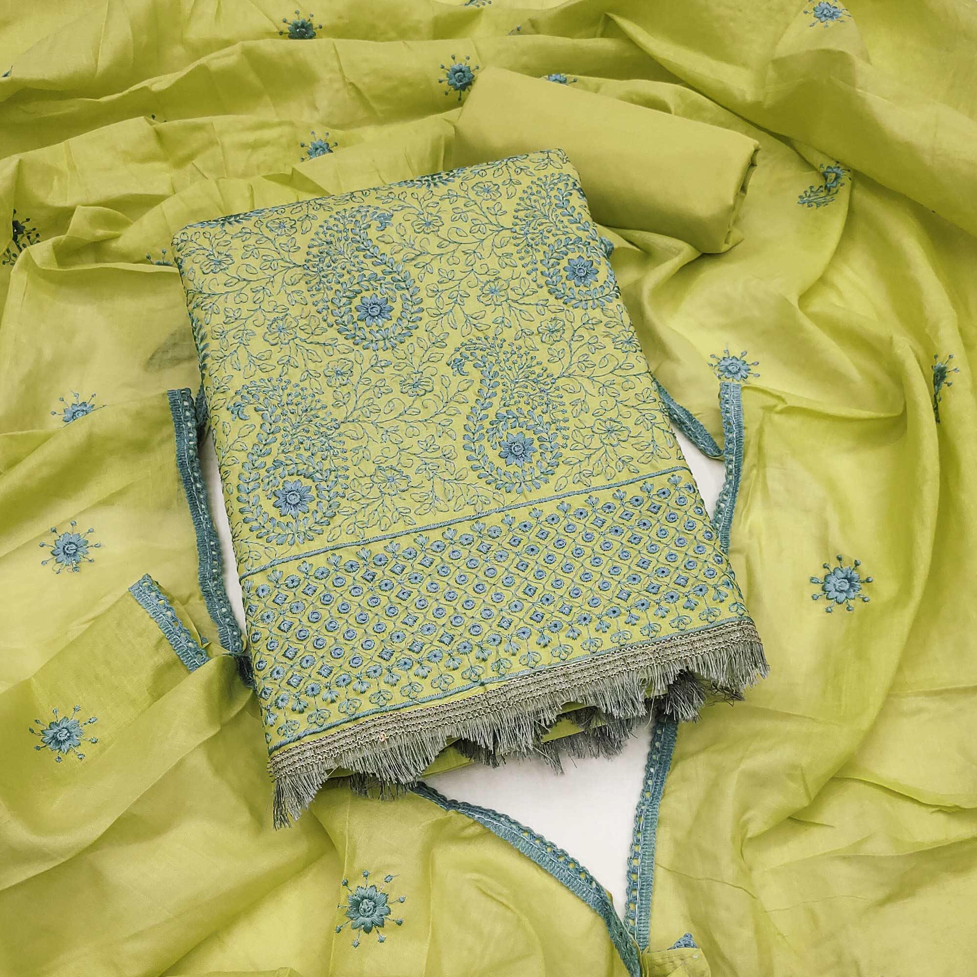 Green Dress Material In Cotton Blend With Graceful Floral Thread Embroidery