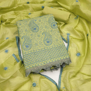 Green Dress Material In Cotton Blend With Graceful Floral Thread Embroidery