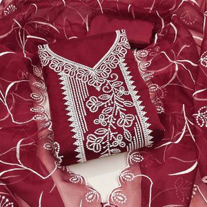 Maroon Organza Dress Material With Alluring Thread Floral Embroidery