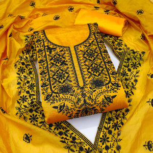 Festive Mustard Floral Embroidered Dress Material in Sheer Chanderi Silk