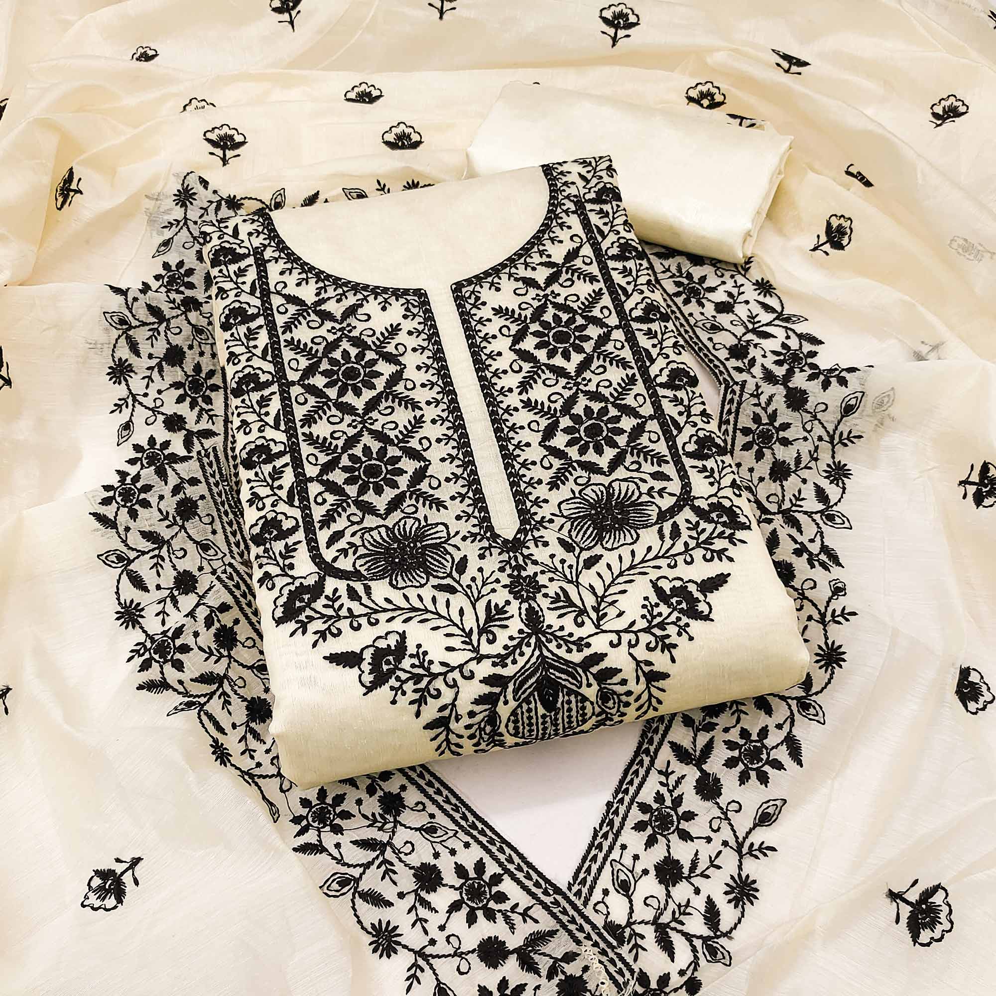Festive Off White Floral Embroidered Salwar Suit in Sheer Chanderi Silk - Image 1