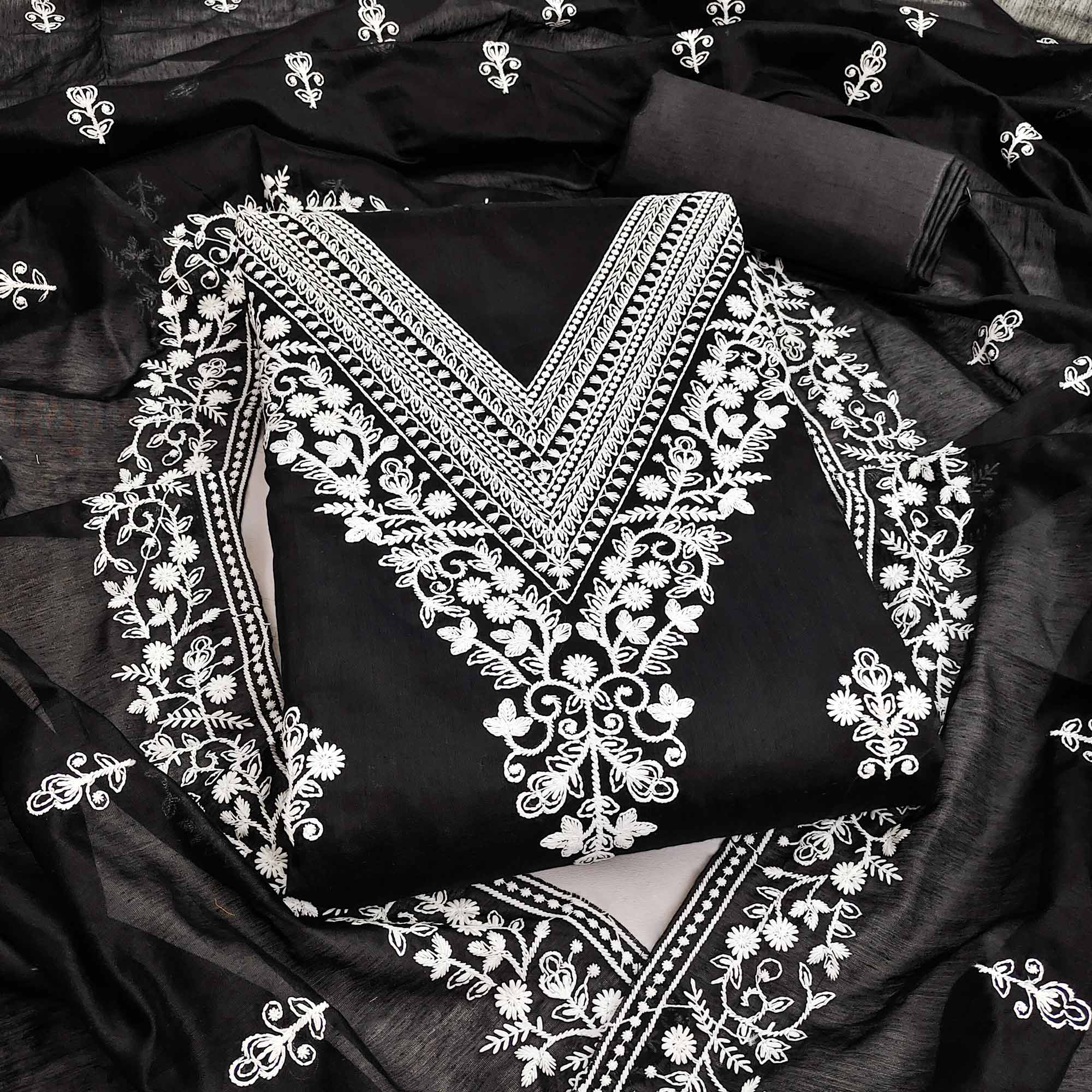 Traditional Black Chanderi Silk Suit Fabric with Embroidered Floral Patterns