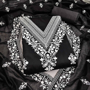 Traditional Black Chanderi Silk Suit Fabric with Embroidered Floral Patterns