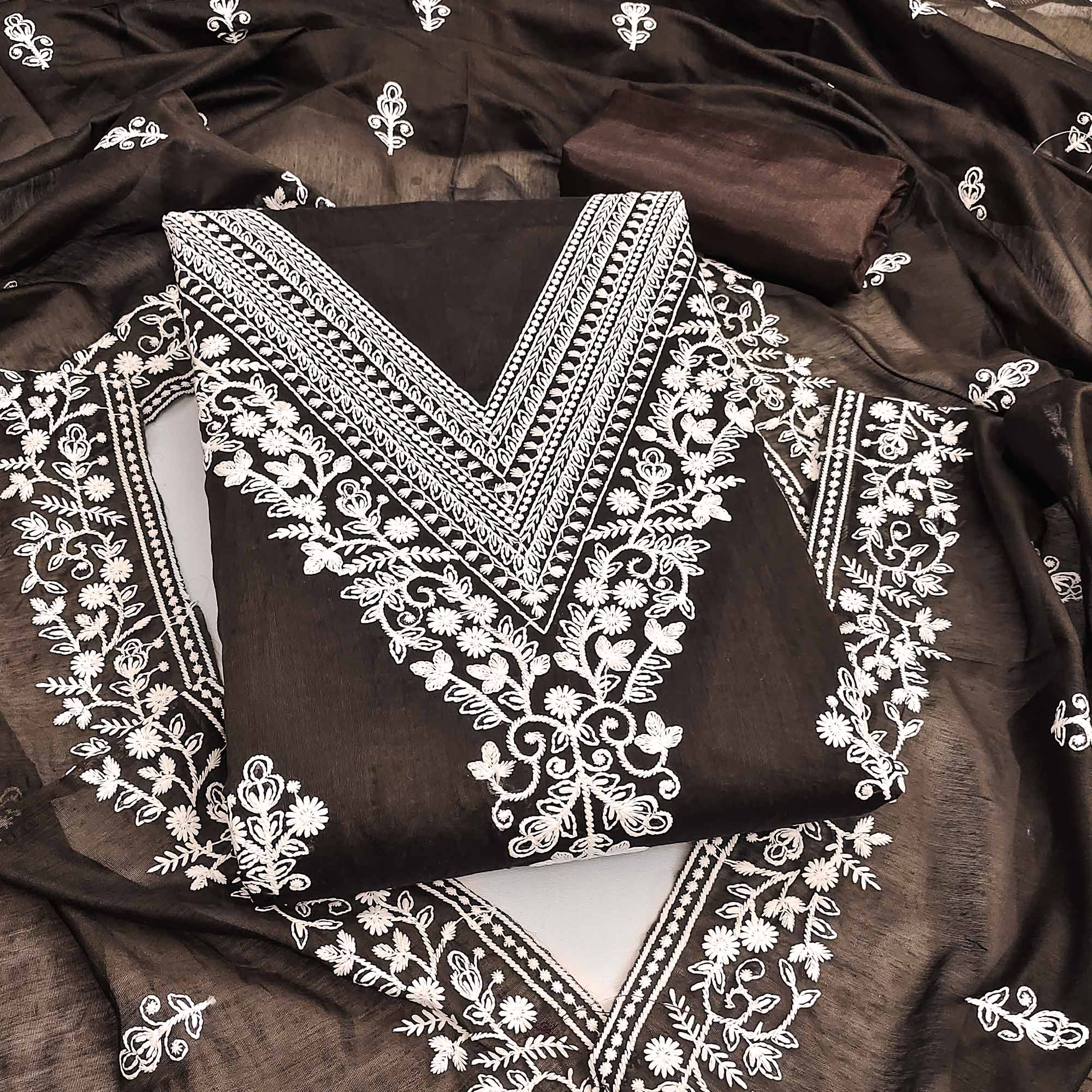 Traditional Brown Chanderi Silk Suit Fabric with Embroidered Floral Patterns