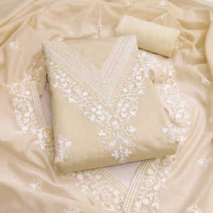 Traditional Cream Chanderi Silk Suit Fabric with Embroidered Floral Patterns