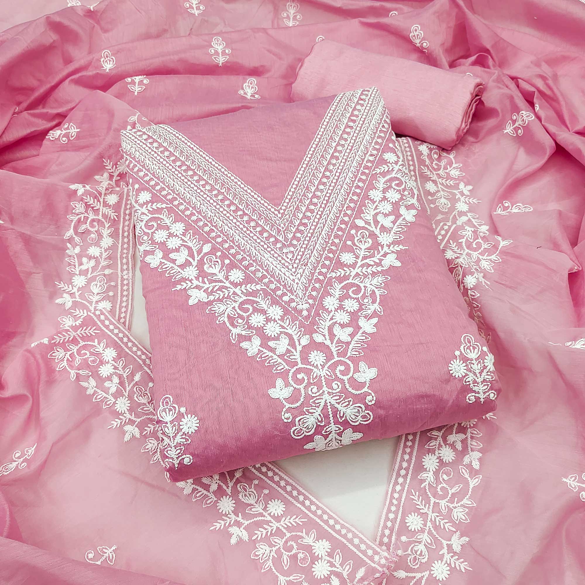 Traditional Pink Chanderi Silk Suit Fabric with Embroidered Floral Patterns